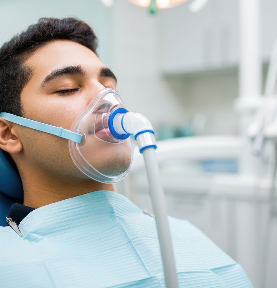 Young hispanic male receiving dental treatment with nitrous oxide mask in clinic