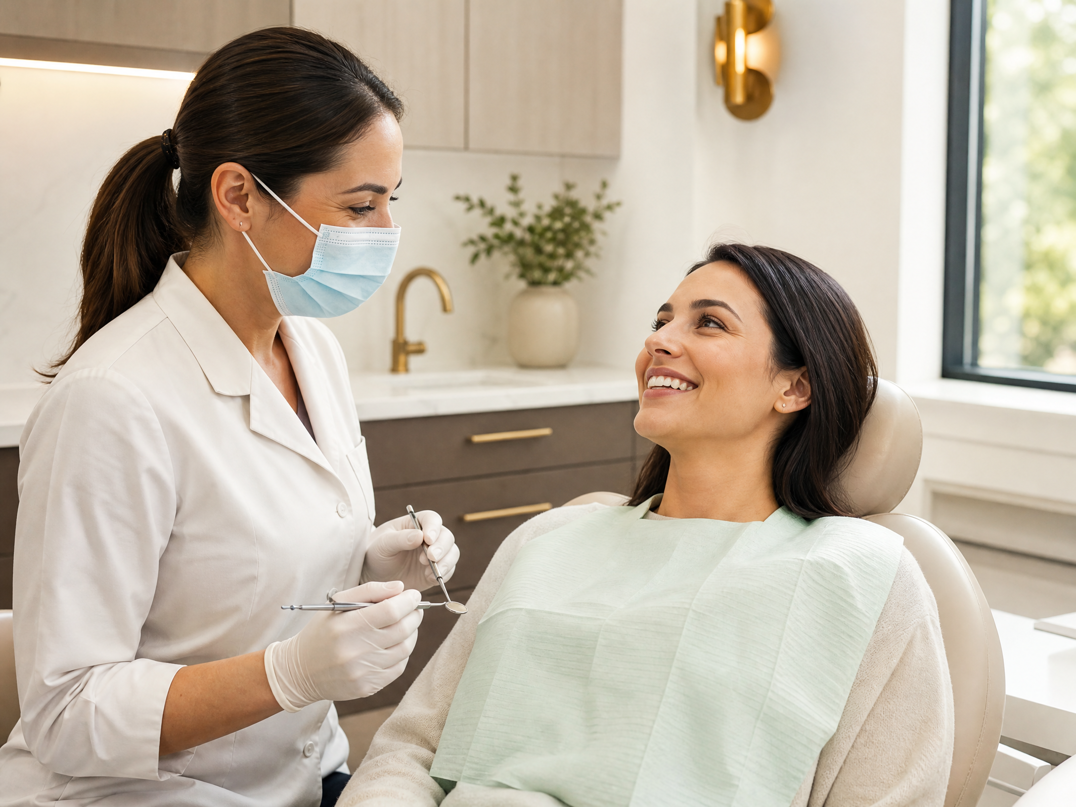 Dentist performing a routine dental exam and cleaning